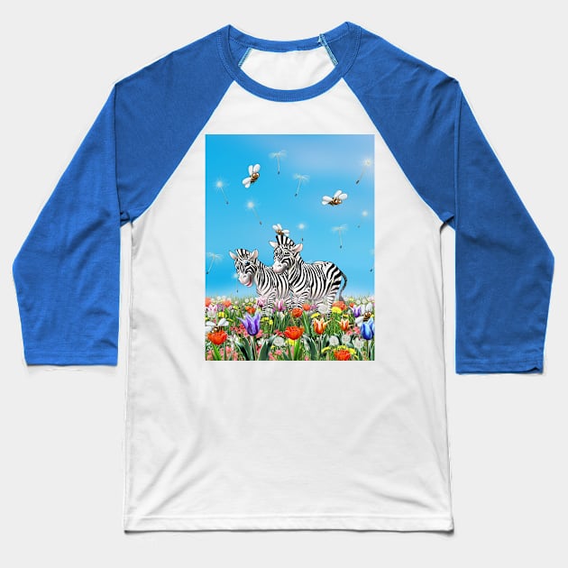 Summer Stroll, Cute Zebras, Beautiful Flowers Glad, Sunny Day, Watercolor Illustration Baseball T-Shirt by sofiartmedia